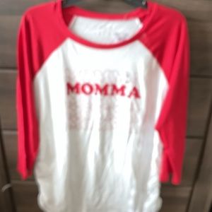 Motherhood Momma, Momma, Momma T Shirt White w/red sleeves XL